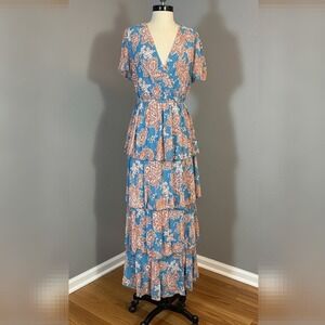 Blue and Orange Maxi Dress Med/Large Ruffle Flowy Summer Spring
